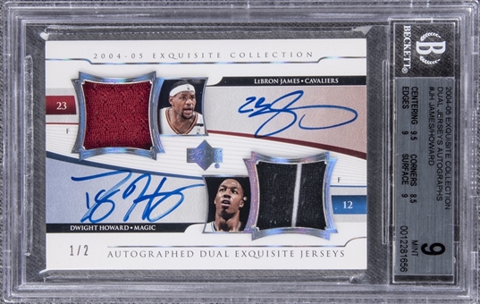 2004-05 UD "Exquisite Collection" Dual Jerseys Autographs #JH LeBron James/Dwight Howard Dual Signed Patch Card (#1/2) – BGS MINT 9/BGS 9 